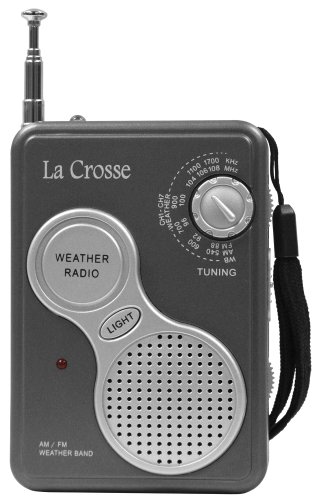 La Crosse Technology 809-905 AM/FM Handheld Weather Radio with NOAA weather band channels, flashlight, earphone jack, and included hand strap for easy transport
