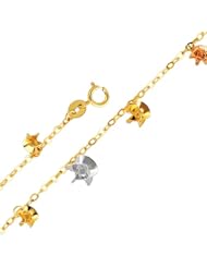 14K 3 Tri-color Gold Fancy Designer Flower Dangling Bracelet with Spring Ring Clasp - 7" + 1" Inches Extension