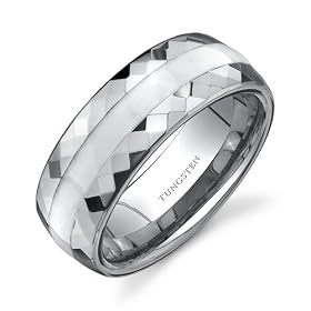 Faceted Edge White Resin Inlay 8 mm Comfort Fit Mens Tungsten Wedding Band Ring Size 10