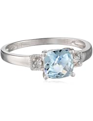 Sterling Silver Diamond and Aquamarine Square Ring (0.04 Cttw, G-H Color, I3 Clarity)