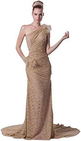 Vogue007 Womens One Shoulder Sleeveless Chiffon Formal Dress with Drape, Apricot, 4