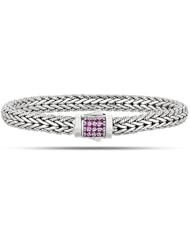 Rhodium Plated Weave Pink Sapphires Bracelet In Sterling Silver With Textured Edges