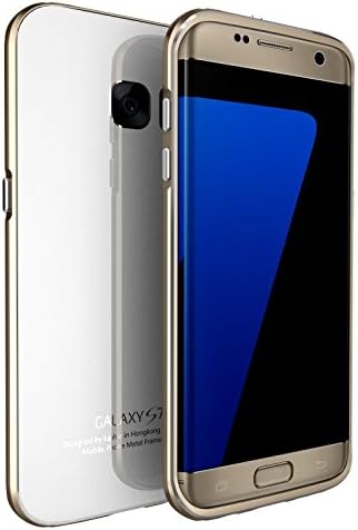 Uniqe Aluminum Metal Bumper [Metal Frame] with [Tempered Glass Back Case] Multi-layer Protective Case Cover for Samsung Galaxy S7 Edge (Gold+White)