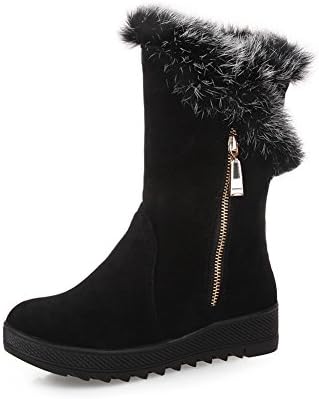 Manyuea Womens flat Rabbit Fur Mid Calf Boots Winter Weather Snow Boots