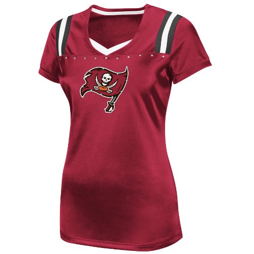 NFL Tampa Bay Buccaneers Bucs Draft Me III Short Sleeve V-Neck Synthetic Tee, Bright Cardinal/White/Nfl Pewter, Medium
