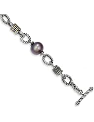 Genuine Sterling Silver & 14K Yellow Gold 9-9.5M Fw Cultured Black Pearl 7.5In Bracelet 1 0 .8 Grams Of Gold