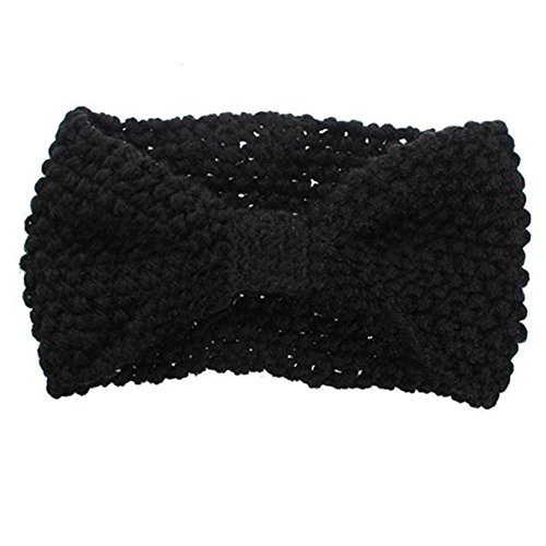 Crochet Flower Bow Knitted Headwrap Headband Hair Band (Black)