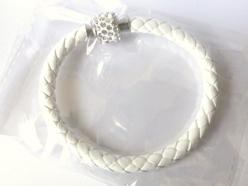Leather Pavè Braided Leather Magnetic Clasp Multi Color Bangle Bracelet SZ 8 (WHITE)