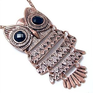 Unique ZAD X-Large Rose Gold Bronze Tone Owl with Black Eyes on Long 30 Chain