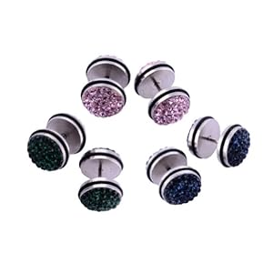 Kadima Stainless Steel Fake Plugs with Swarovski CZ Bling Rhinestone Gemstone,Lot of 6 10MM Look - Light Pink,Emerald,Montana