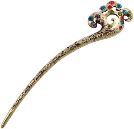 Oriental Pattern Antique Brass Finish Hair Stick with Colorful Rhinestones