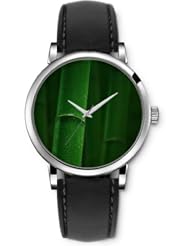 SPRAWL Aanalog Fashion Series Silver Ladies Watches of Genuine Black Leather Strap,Unique Wrist Watch for Women Girls Designed with Bamboo