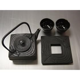 Click here to buy Japanese Cast Iron Tea Pot Set  SQ Dragon Fly Black by Kafu.