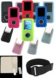 PCMICROSTORE Brand SanDisk Sansa Premium Silicone Skin Kit for e250 e260 e270 e280 - Belt Clip - 15 Inch Sports Armband - LCD Screen Film - 9 Color Options
