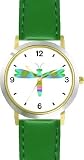 Multicolored No.3 Dragonfly or Dragon Fly - JP - WATCHBUDDY&reg; DELUXE TWO-TONE THEME WATCH - Arabic Numbers - Green Leather Strap-Size-Women's Size-Small