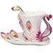 Purple Elegant Handpainted Peacock Sculpted Decorative Porcelain Tea Coffee Cup and Saucer Set with Spoon