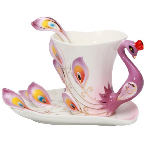 Purple Elegant Handpainted Peacock Sculpted Decorative Porcelain Tea Coffee Cup and Saucer Set with Spoon On Sale