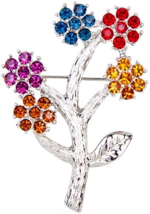 Silver Tone Multi Color Crystals 5 Flower Bouquet Pin Brooch