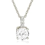 Platinum Overlay Sterling Silver '100 Facets Collection' Round Cubic Zirconia Solitaire Drop Pendant w/ Three-Stone Cubic Zirconia Bale