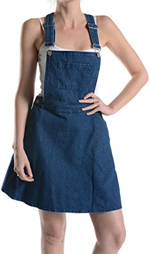 Secret Blue Denim Overall Romper Skater Skirt with Front Pocket and Adjustable Strap (Large, Blue)