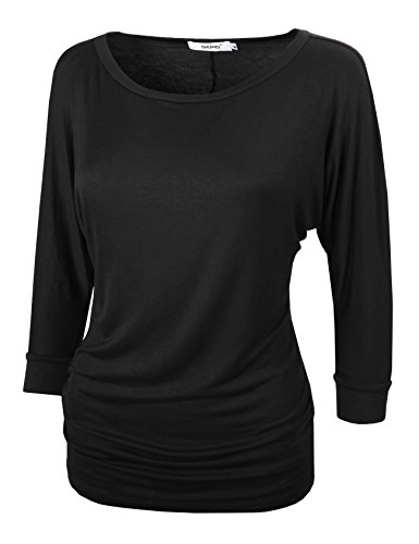 Bepei Women Casual 3/4 Sleeve Side Shirring Boat Neck Drape Top