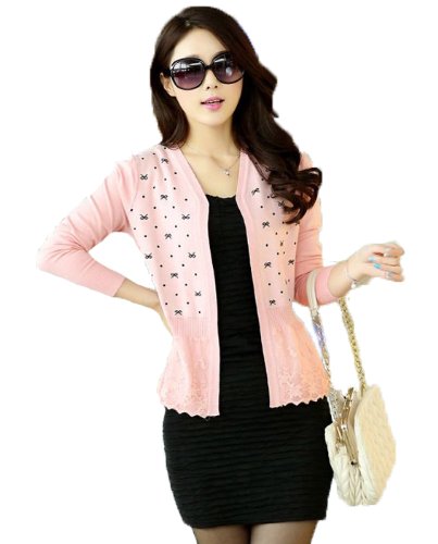 [innocent style] レディース ドット柄ピンクカーディガン Mサイズ ほど良いフィット感 カットソー アパレル ファッション 服 丸首 春 夏 セクシー トップス インナー ストレッチ ブラウス エレガント 長袖 おしゃれ 大人 綿【オリジナルシュシュセット】