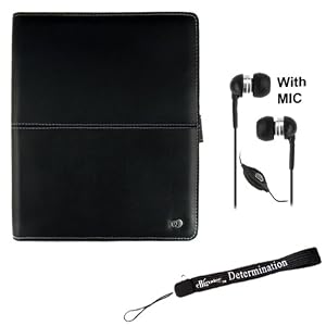 iPad Hard High-Quality Artificial Leather Case fits perfectly tight on your iPad + Includes a 4-inch eBigValue (TM) Determination Hand Strap + Luxurious In Ear Headphones with Mic (Black)