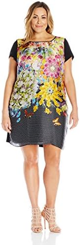 Single Dress Women's Plus-Size Printed Front Short Sleeve Shift Dress, Black/Multi, 2X