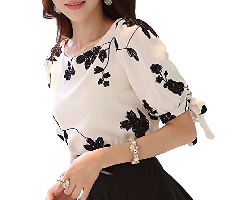 大人かわいい 刺繍 花柄 ボタニカル柄 カットソー パフスリーブ リボン