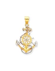 2-Tone Anchor, Ships Wheel and Rope Pendant in 14k Yellow Gold