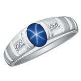 Star Sapphire Mens Ring with Diamonds in 10K White Gold