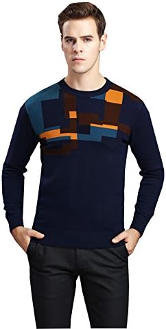 FOUQ Men's Wool Crew Neck Knit Sweater with Geometric Pattern Deep Blue S