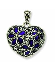 Sterling Silver Marcasite Purple Enamel Flower in Heart Pendant