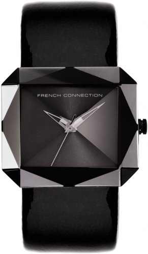 French Connection Stainless Steel Ladies Faceted Dial Black Leather Strap Watch Image of French Connection Stainless Steel Ladies Faceted Dial Black Leather Strap Watch