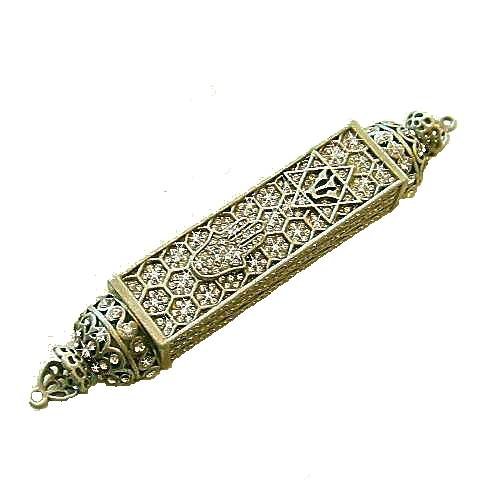 Hamsa Mezuzah Case Holder Swarovski Crystals! 1 Diamond-like, Bejeweled Chamsa 4 White Pewter Vintage Classic Kabbalah Kaballah Case