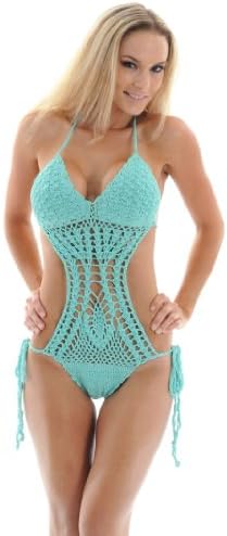 Mint Green Crochet Monokini 1 Piece Swimsuit Adjustable Ties and Ruched Back Sizes: Large