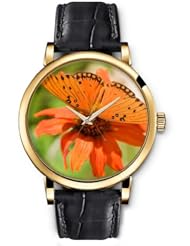 SPRAWL Aanalog Fashion Series Gold Ladies Watches of Genuine Black Leather Strap,Unique Wrist Watch for Women Girls Designed with Butterfly on an orange flower