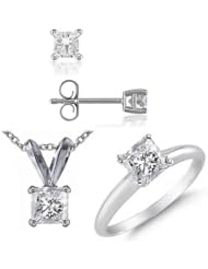 1 CT Princess Cut Diamond Set 14K White Gold - Ring, Pendant & Earrings (I1-I2 Clarity)