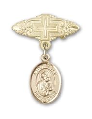 14K Gold Baby Badge with St. Peter the Apostle Charm and Badge Pin with Cross
