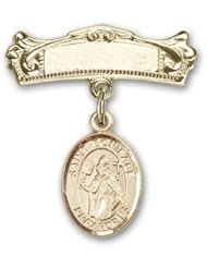 Gold Filled Baby Badge with St. Boniface Charm and Arched Polished Badge Pin