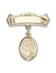 14K Gold Baby Badge with St. Boniface Charm and Arched Polished Badge Pin