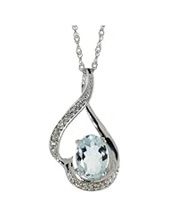 14k White Gold 18 in. Chain & 3/4 in. (20mm) tall Swirl Pendant, w/ 0.07 Carat Brilliant Cut Diamonds & 0.85 Carat Oval Cut 7x5mm Aquamarine Stone