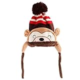 【ノーブランド品】冬　暖かい　子供　サル柄　赤ちゃん　耳あて　ボンボン　ニット　ビーニー　キャップ　帽子　ユニーク　全2色 - コーヒー
