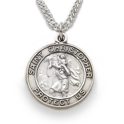 Sterling Silver 3/4 Round Engraved St. Christopher Medal on 20 Chain