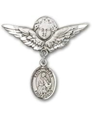 Sterling Silver Baby Badge with St. Giles Charm and Angel with Wings Badge Pin