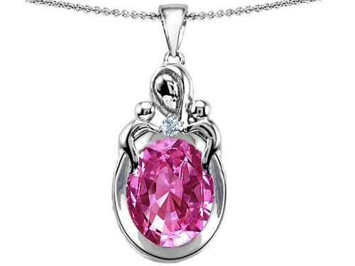 4.15 cttw 14k White Gold Plated 925 Sterling Silver Loving Mother with Children Pendant with Created Oval Pink Sapphire