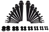 3o Piece Ear Taper Stretching Kit & Plug Set - 18pc Black Acrylic Ear Taper Stretching Kit 14g-00g & 12pc Black Acrylic UV Double O-Ring Plug Kit 8g-00g Ear Expander Set