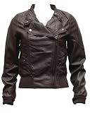 Ladies Brown Synthetic Leather Biker Jacket Angled Zipper