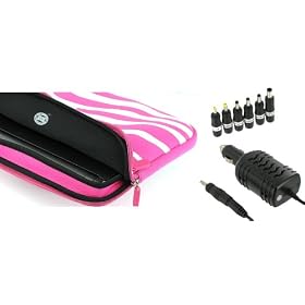 PCMS 2n1 Combo - Toshiba Mini NB205-N330BL 10.1-Inch Netbook Neoprene Sleeve Case with 12v Car Charger - Zebra Magenta / White