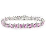Sterling Silver 18 3/4 CT TGW Created Pink Sapphire 0.03 CT TDW Diamond Bracelet (I3)
